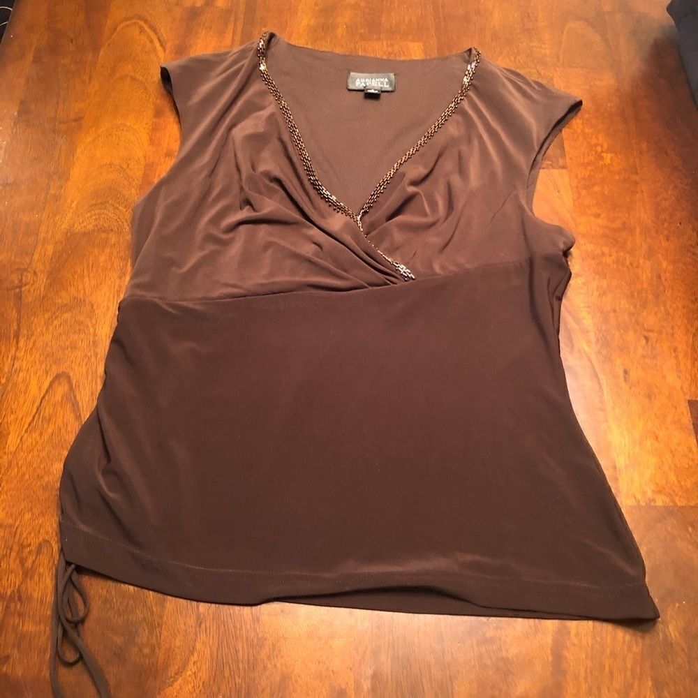 Adrianna Papell Brown Beaded V-Neck Dressy Tank.